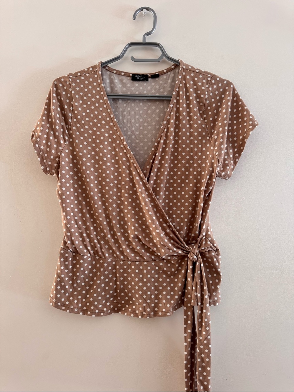 Rebel Sugar Taupe Polka Dot Wrap Blouse